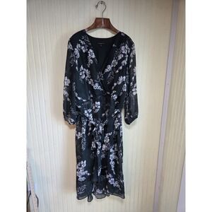 Lane Bryant Dress Womens 24 Green Floral Wrap Midi Belted Sheer Lined Plus Size